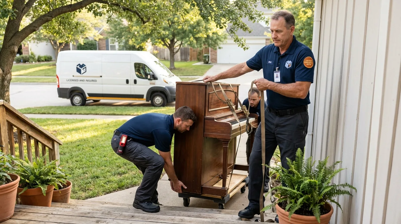 Licensed piano movers securing grand piano in Roundup, MT