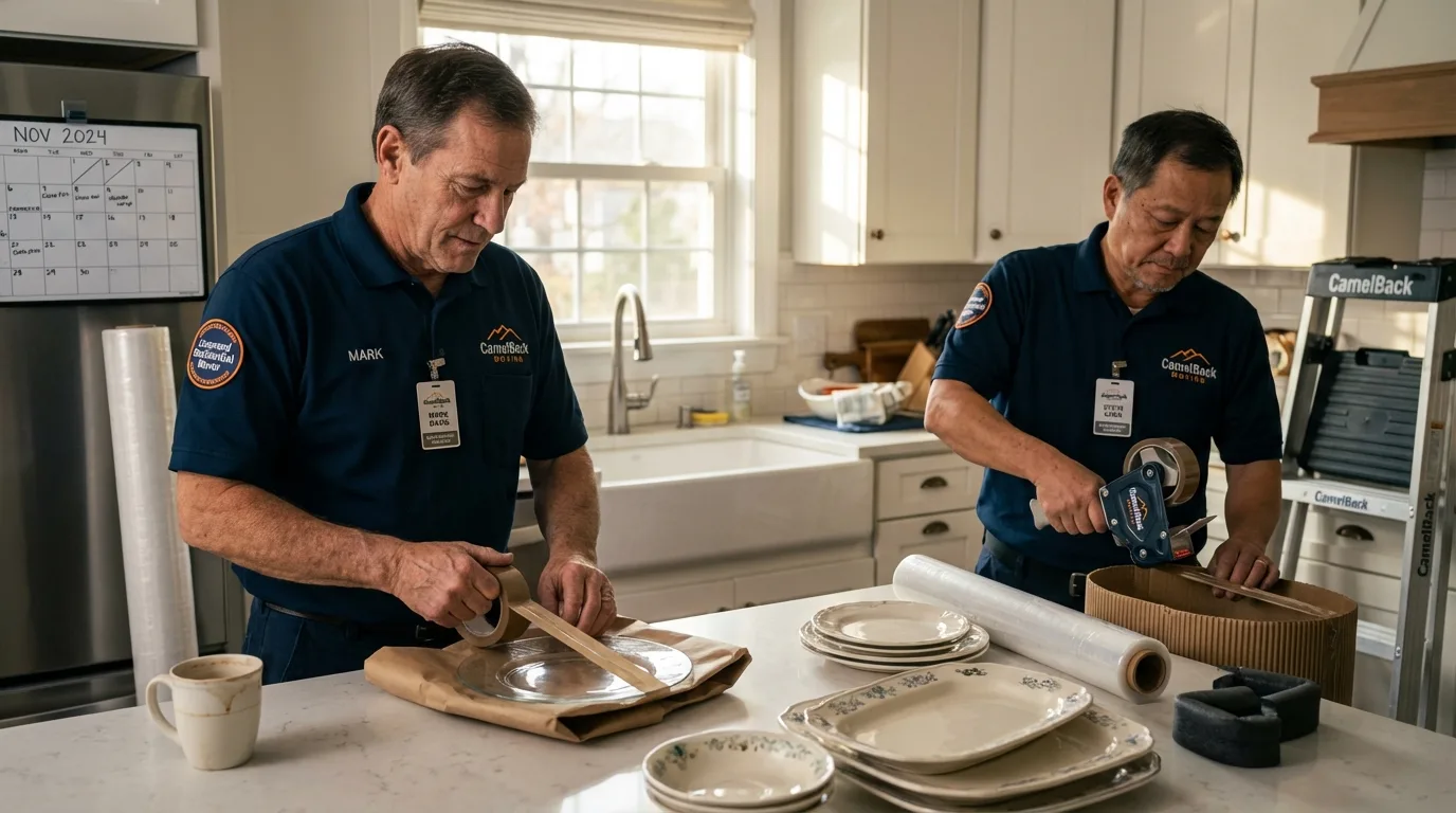 Professional crew packing kitchen dishware in Roundup, MT